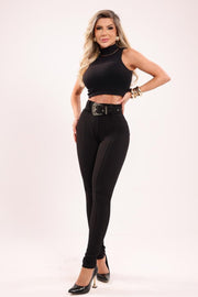 Pantalón Isabela Negro con Cinturón Dorado