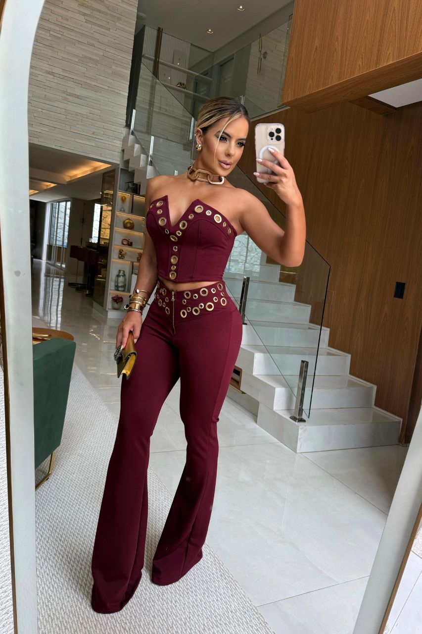 Violetta Conjunto Vino de top y pantalón largo