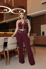 Violetta Conjunto Vino de top y pantalón largo