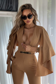 Viviana Mono Largo Beige con escote en V y mangas colgantes