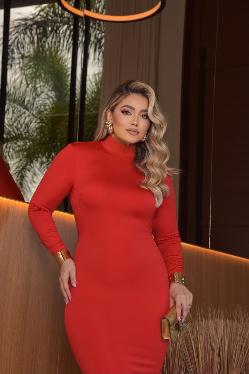 Vestido Largo Ariana Rojo manga larga con espalda descubierta