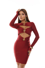 Vestido Nayara Granate Midi manga larga con escote y detalle dorado
