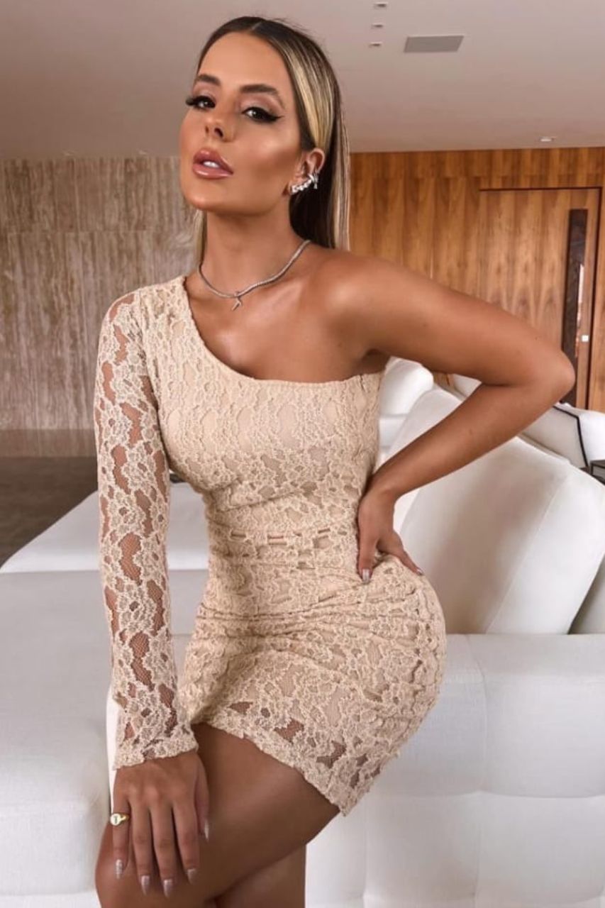Vestido Olga Asimétrico Beige con encaje