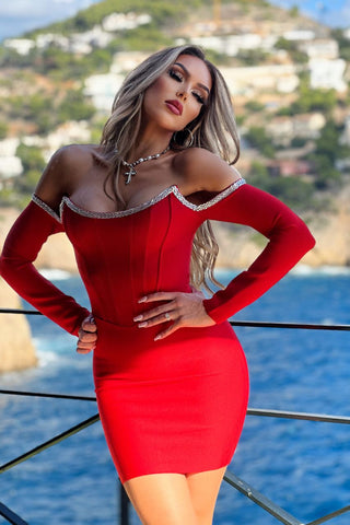 Image of Vestido Bandage Elisa rojo con mangas largas ko