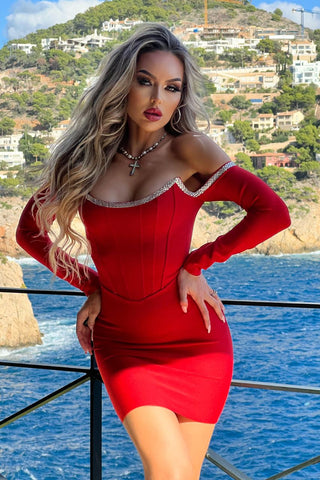 Image of Vestido Bandage Elisa rojo con mangas largas ko