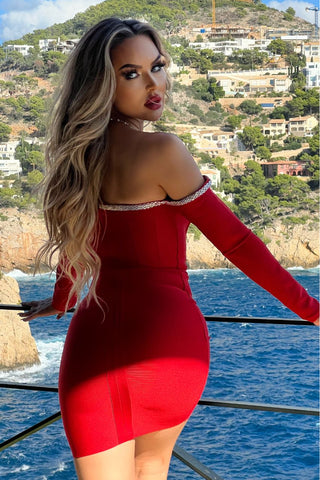 Image of Vestido Bandage Elisa rojo con mangas largas ko