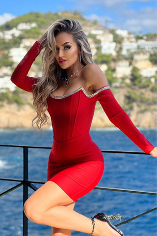 Image of Vestido Bandage Elisa rojo con mangas largas ko