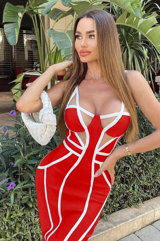 Image of Vestido Bandage Raquel rojo con blanco de tirantes y transparencia