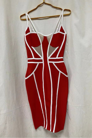 Image of Vestido Bandage Raquel rojo con blanco de tirantes y transparencia