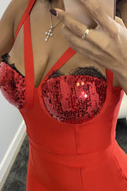 Vestido Bandage Rebeca rojo de tirantes con copas de lentejuelas