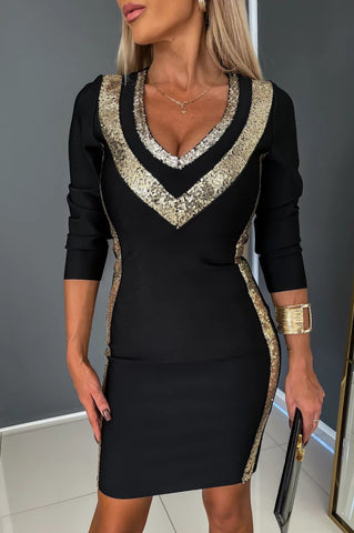 Image of Vestido Bandage Jenny negro mangas largas con escote de lentejuelas doradas
