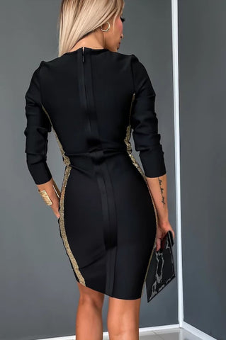 Image of Vestido Bandage Jenny negro mangas largas con escote de lentejuelas doradas