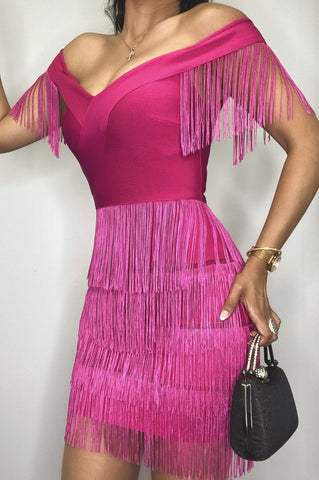 Image of Vestido Bandage Micaela Fucsia con flecos
