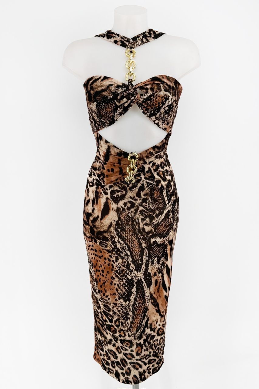 Jady Vestido de Fiesta midi leopardo con detalle dorado