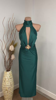 Vestido Esmeralda Verde Midi Elegante de Lycra Satinada Verde con Escote Profundo