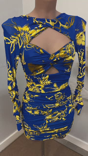 Vestido Gemma Azul estampado, Lycra aterciopelada, frunce que moldea