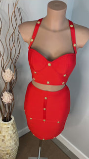 Conjunto  Bandage Vania Rojo Royal de Top y Falda con Adorno de Botones Dorado (Copia)