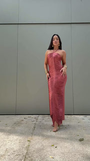 Felicity Vestido Bandage Largo con Flecos Frontales Color Rosa Quemado