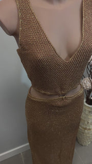 Carlota Vestido Largo de Hilo con Lurex  Dorado con Detalle de Aro