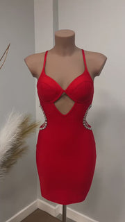 Tovar Vestido Bandage midi rojo con escote y detalles de pedrería