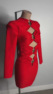 Vestido Bandage Altagracia rojo con mangas largas y escote