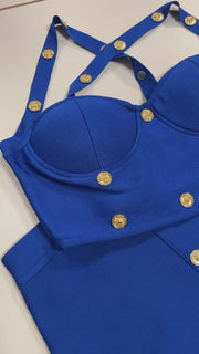 Conjunto  Bandage Vania Azul Royal de Top y Falda con Adorno de Botones Dorado