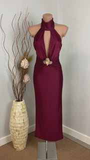 Vestido Esmeralda Vino Midi Elegante de Lycra Satinada Verde con Escote Profundo