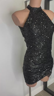 Karina Vestido de lentejuelas negro corto, sexy y elegante con espalda descubierta