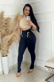 Pantalón Bethy Negro con detalle cinturón entrecruzado