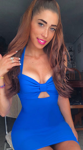 Image of Vestido Loi Azul corto con tirante al cuello