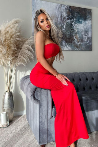 Image of Vestido Laura Rojo largo con escote y abertura en pierna