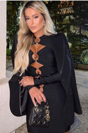 Vestido Bandage Altagracia Negro con mangas largas y escote