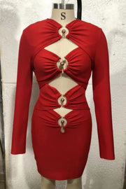 Vestido Bandage Altagracia rojo con mangas largas y escote