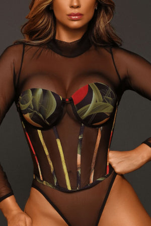 Corset + Body Ismelda Tul negro manga larga con transparencias