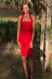 Vestido Paula Midi Rojo ajustado con tirante al cuello